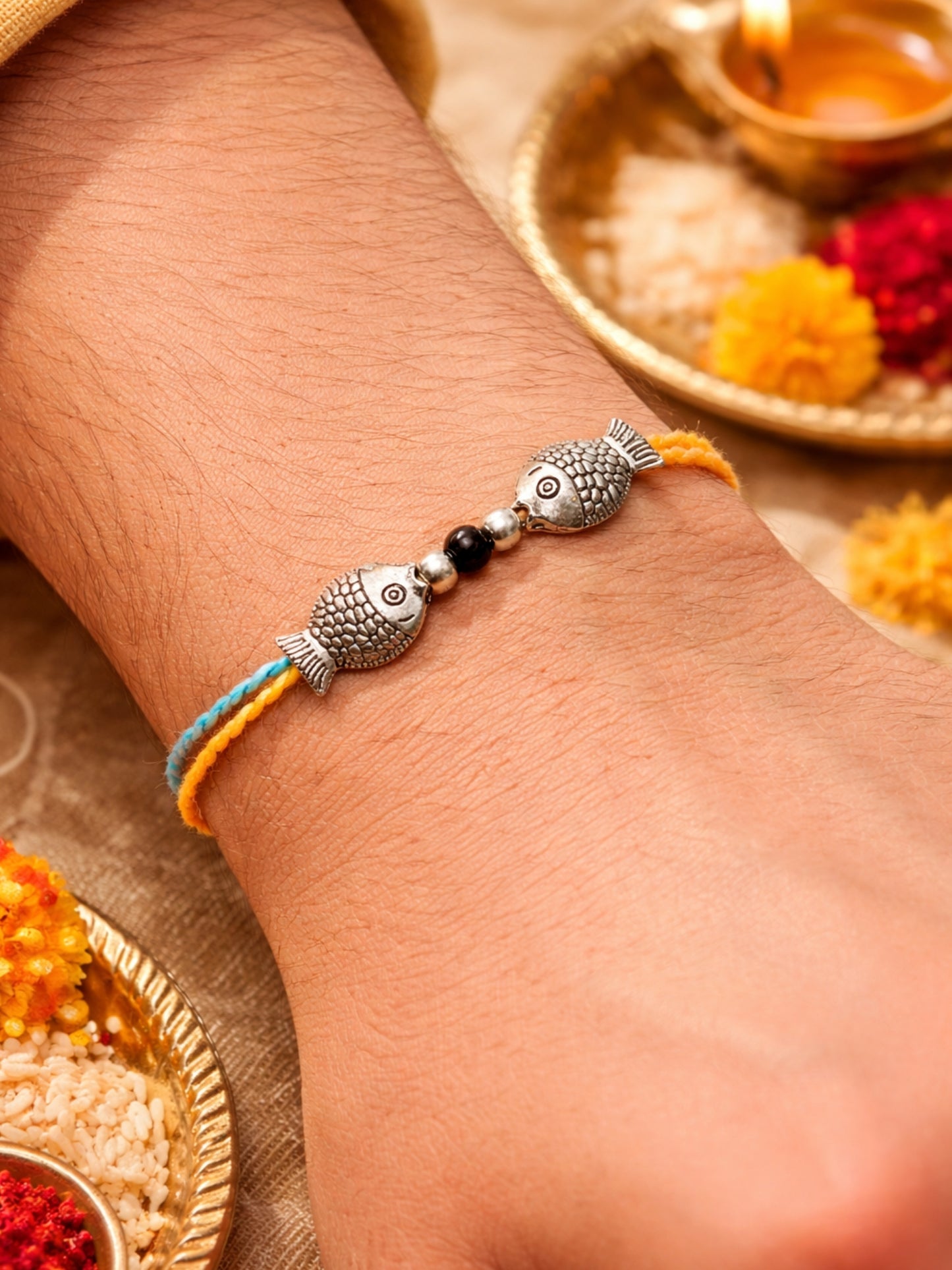 Silver-Plated Fish Charm Rakhi Bracelet For Bhai Bhaiya Bro