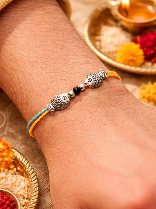 Silver-Plated Fish Charm Rakhi Bracelet For Bhai Bhaiya Bro