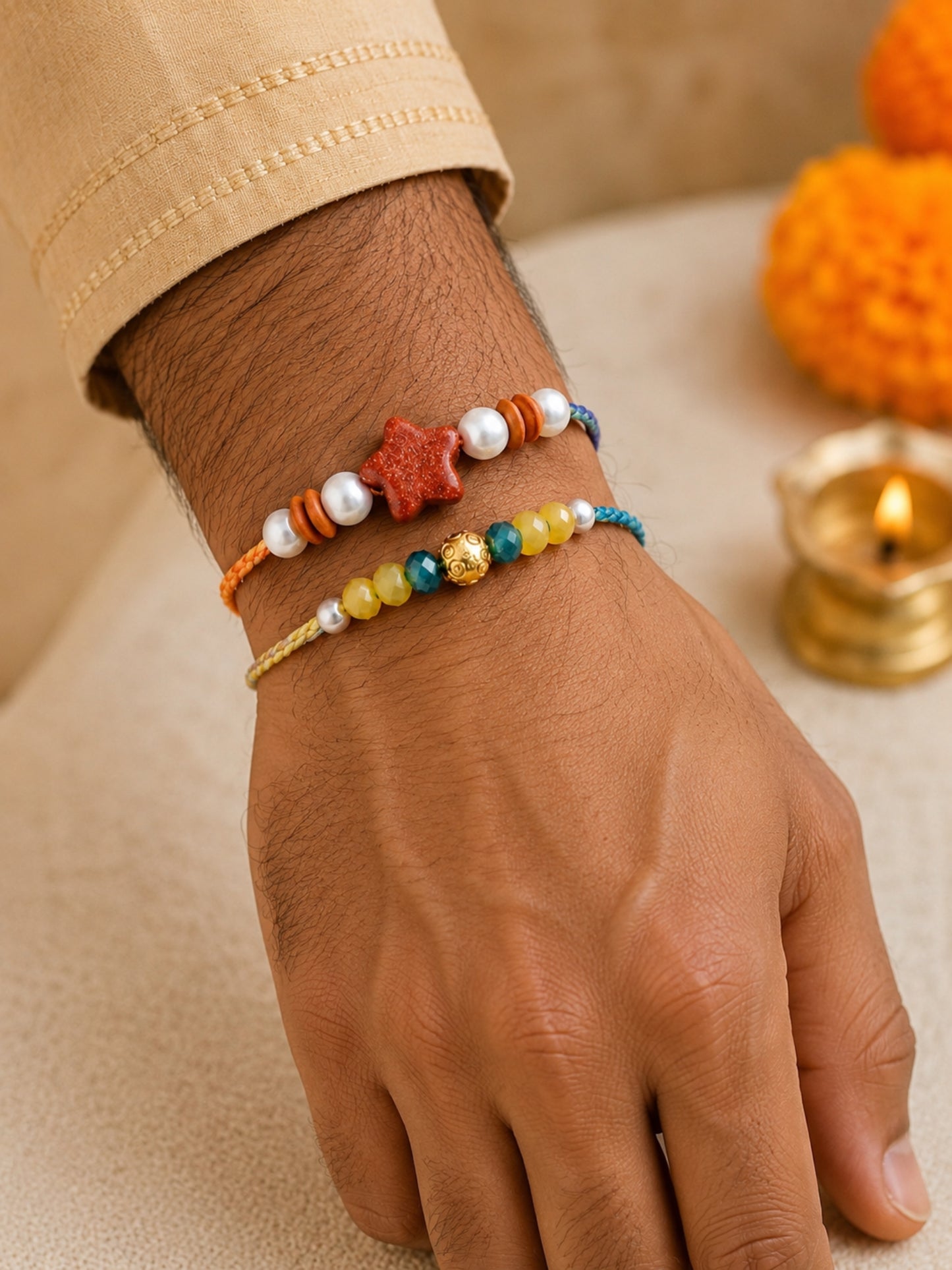 (Set of 2) Star Stone Pearl Kids Rakhi Bracelet Bhai Bhaiya Bro