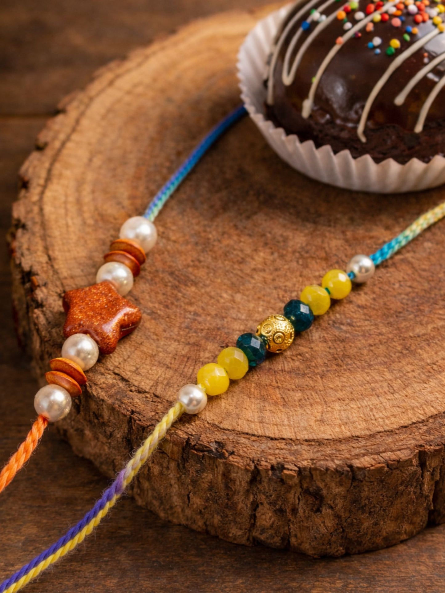 (Set of 2) Star Stone Pearl Kids Rakhi Bracelet Bhai Bhaiya Bro