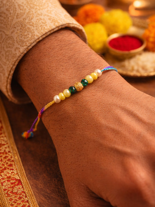 Gold Beaded Pearl Rakhi Bracelet for Bhai Bhaiya Bro