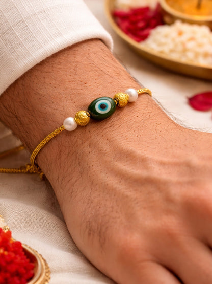 Evil Eye Pearl Rakhi Bracelet Gold For Bhai Bro