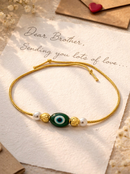 Evil Eye Pearl Rakhi Bracelet Gold For Bhai Bro