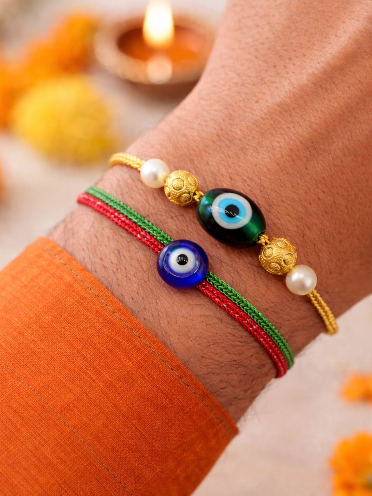 (Set of 2) Evil Eye Pearl Rakhi Bracelet for Bhai Bhaiya Bro