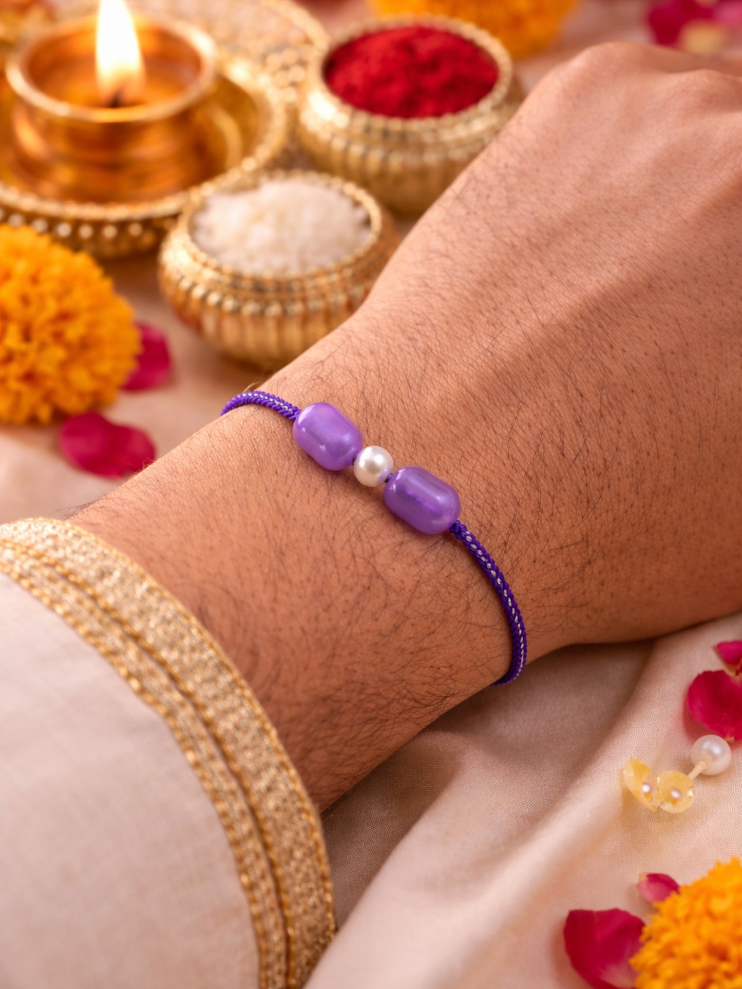 Lavender Pearl Beads Rakhi Bracelet For Bhai Bhaiya Bro