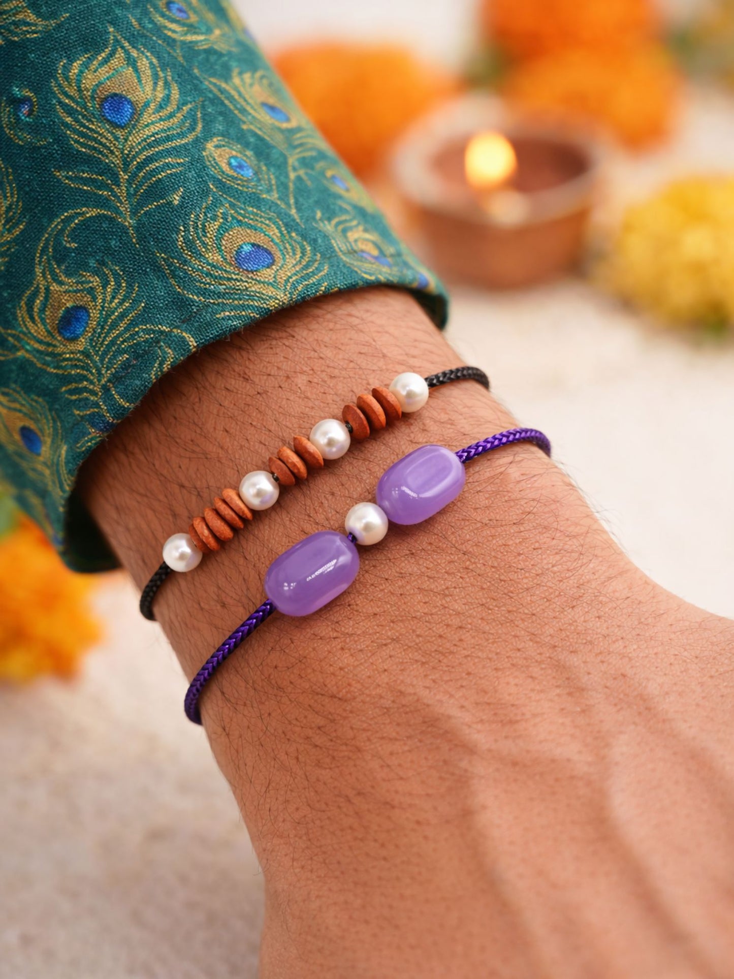 (Set of 2) Lavender Stone Pearl Beads Rakhi Bracelet for Bro