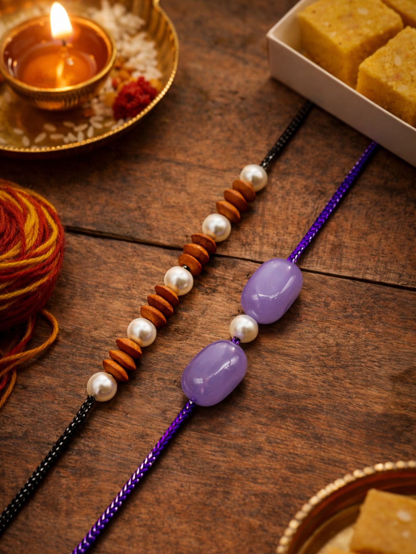 (Set of 2) Lavender Stone Pearl Beads Rakhi Bracelet for Bro