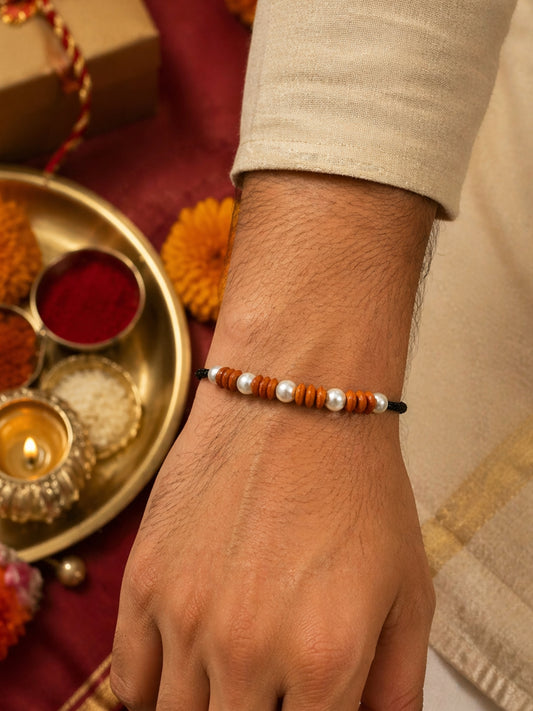 Pearl Wooden Beads Bracelet Rakhi For Bhai Bhaiya Bro