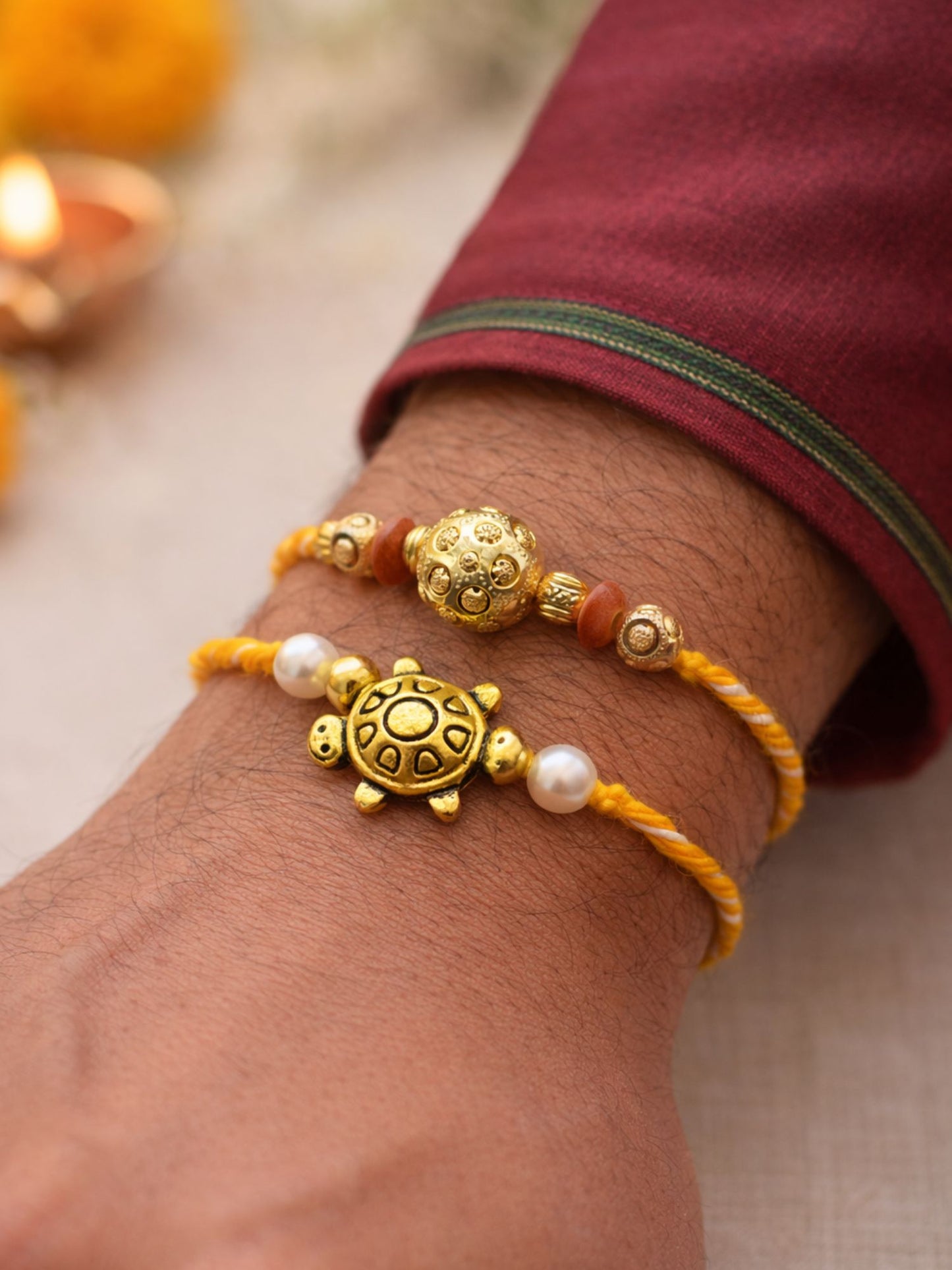 (Set of 2) Gold Turtle Pearl Rakhi Bracelet for Bhai Bhaiya Bro