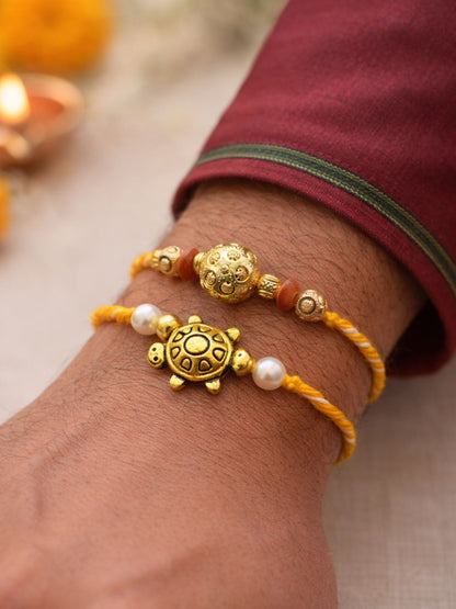 (Set of 2) Gold Turtle Pearl Rakhi Bracelet for Bhai Bhaiya Bro