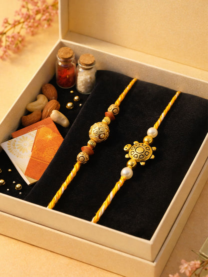 (Set of 2) Gold Turtle Pearl Rakhi Bracelet for Bhai Bhaiya Bro
