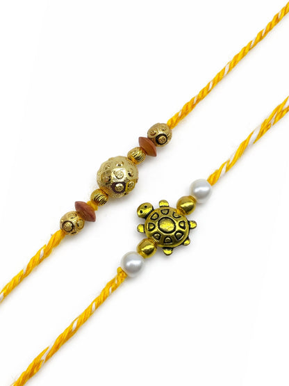 (Set of 2) Gold Turtle Pearl Rakhi Bracelet for Bhai Bhaiya Bro
