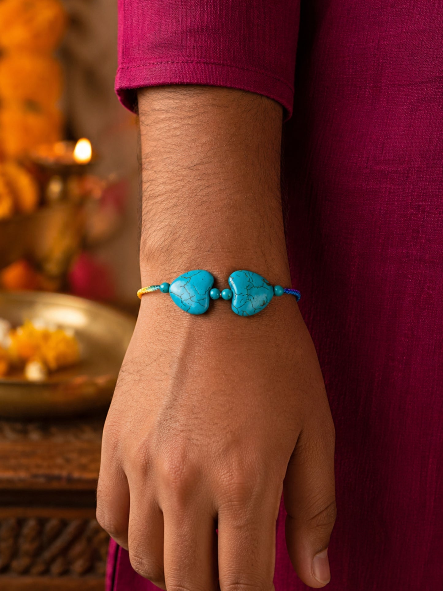 Turquoise Heart Stone Rakhi Bracelet For Bhai Bhaiya Bro
