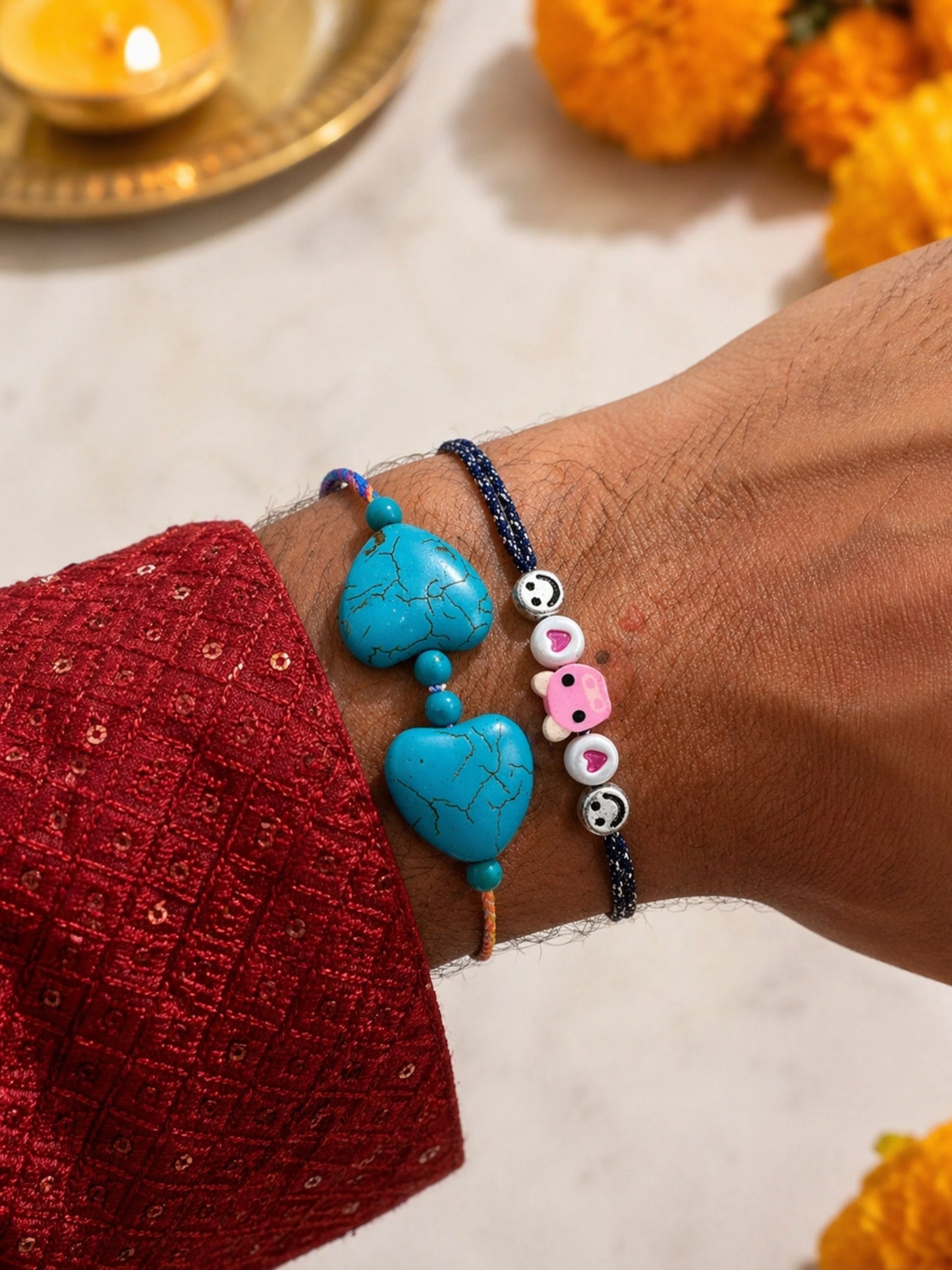 (Set of 2) Turquoise Heart Teddy Kids Rakhi Bracelet for Bro