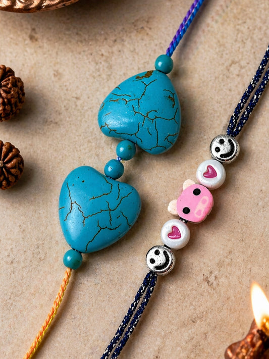 (Set of 2) Turquoise Heart Teddy Kids Rakhi Bracelet for Bro