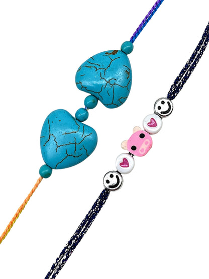 (Set of 2) Turquoise Heart Teddy Kids Rakhi Bracelet for Bro