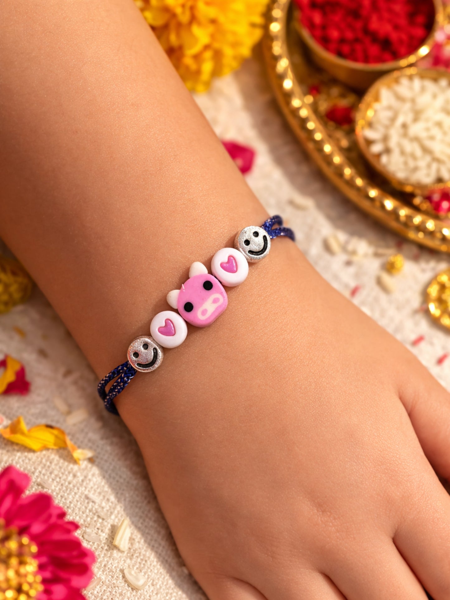 Teddy Smiley Heart Beads Kids Rakhi Bracelet For Bhai Bro