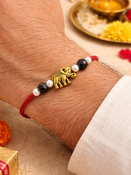 Elephant Charm Pearl Rakhi Bracelet Red For Bhai Bhaiya Bro