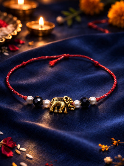 Elephant Charm Pearl Rakhi Bracelet Red For Bhai Bhaiya Bro