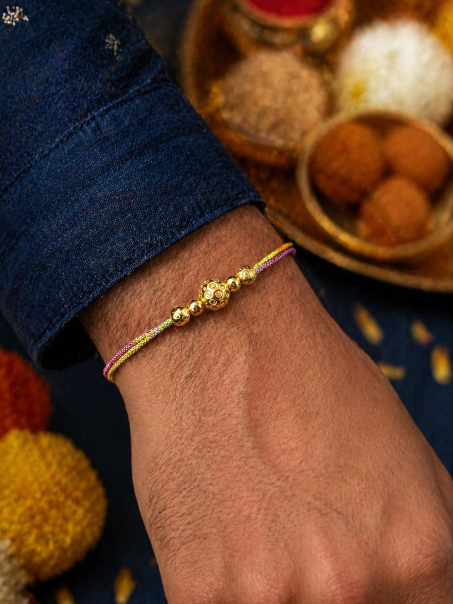 Gold Beaded Rakhi Bracelet Multicolor Thread For Bhai Bro
