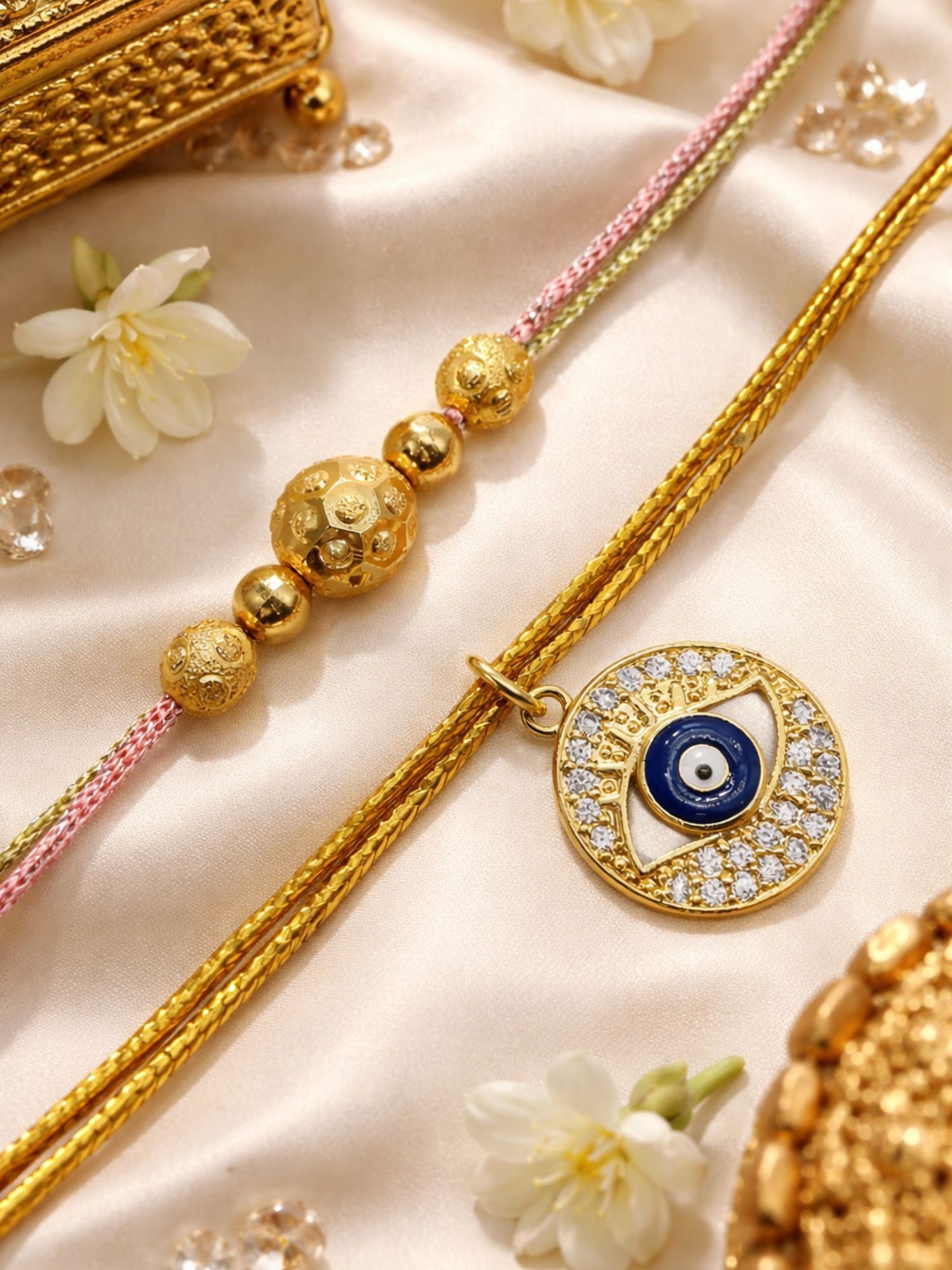 (Set of 2) Gold Beads Evil Eye Rakhi Bracelet for Bro