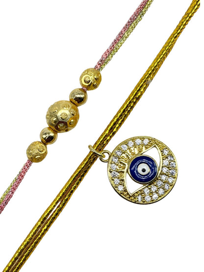 (Set of 2) Gold Beads Evil Eye Rakhi Bracelet for Bro