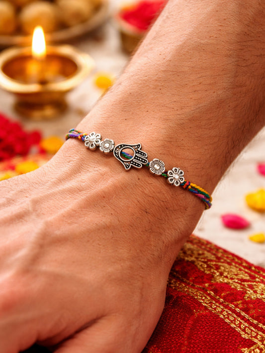 Silver-Plated Hamsa Bracelet Rakhi For Bhai Bhaiya Bro