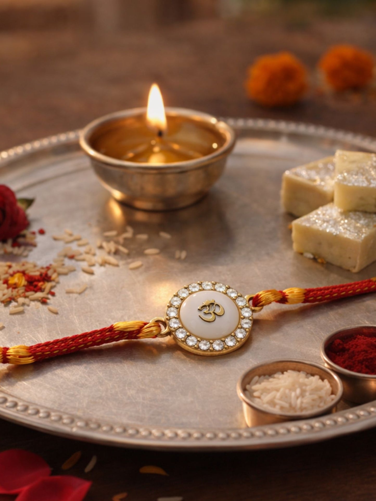 Gold Om Charm Bracelet Rakhi For Bhai Bhaiya Bro