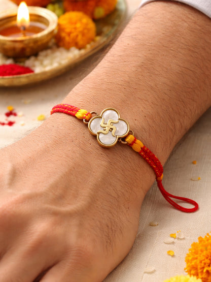Gold Swastik Charm Fresh Water Pearl Rakhi Bracelet For Bhai