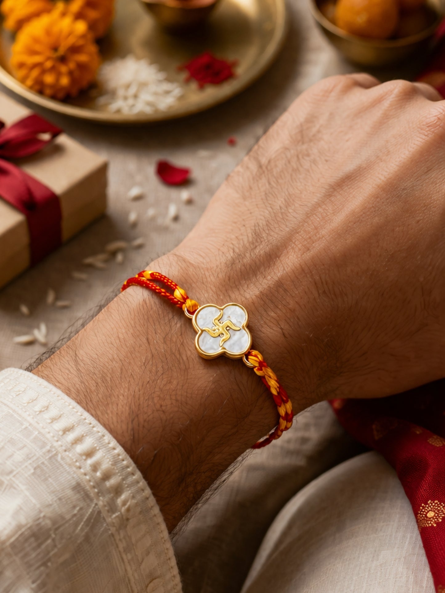 Gold Swastik Charm Fresh Water Pearl Rakhi Bracelet For Bhai