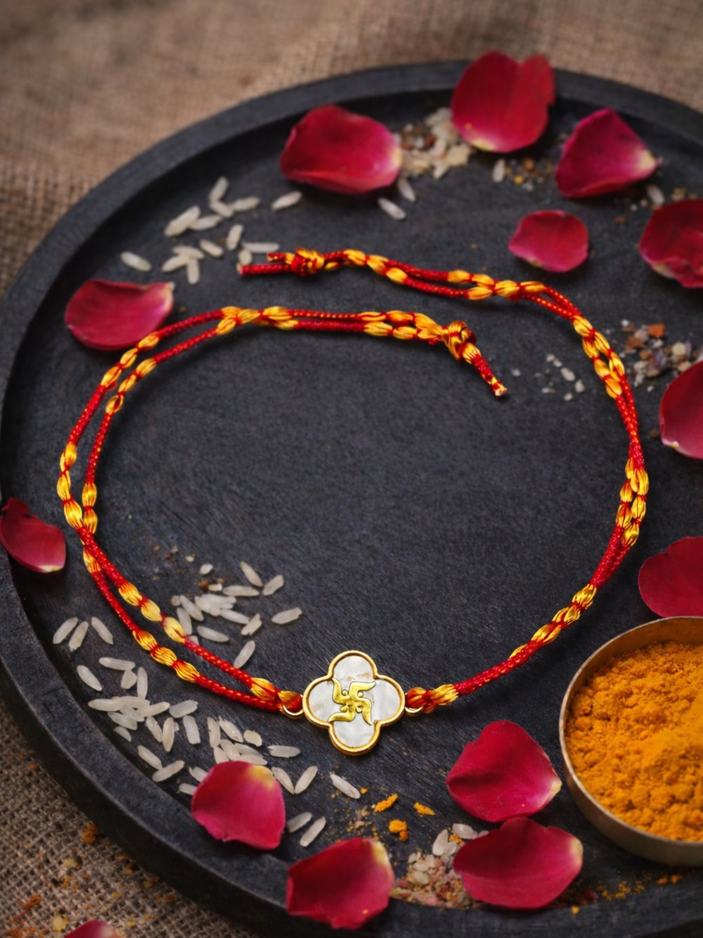 Gold Swastik Charm Fresh Water Pearl Rakhi Bracelet For Bhai