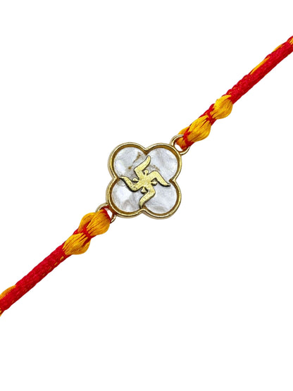 Gold Swastik Charm Fresh Water Pearl Rakhi Bracelet For Bhai