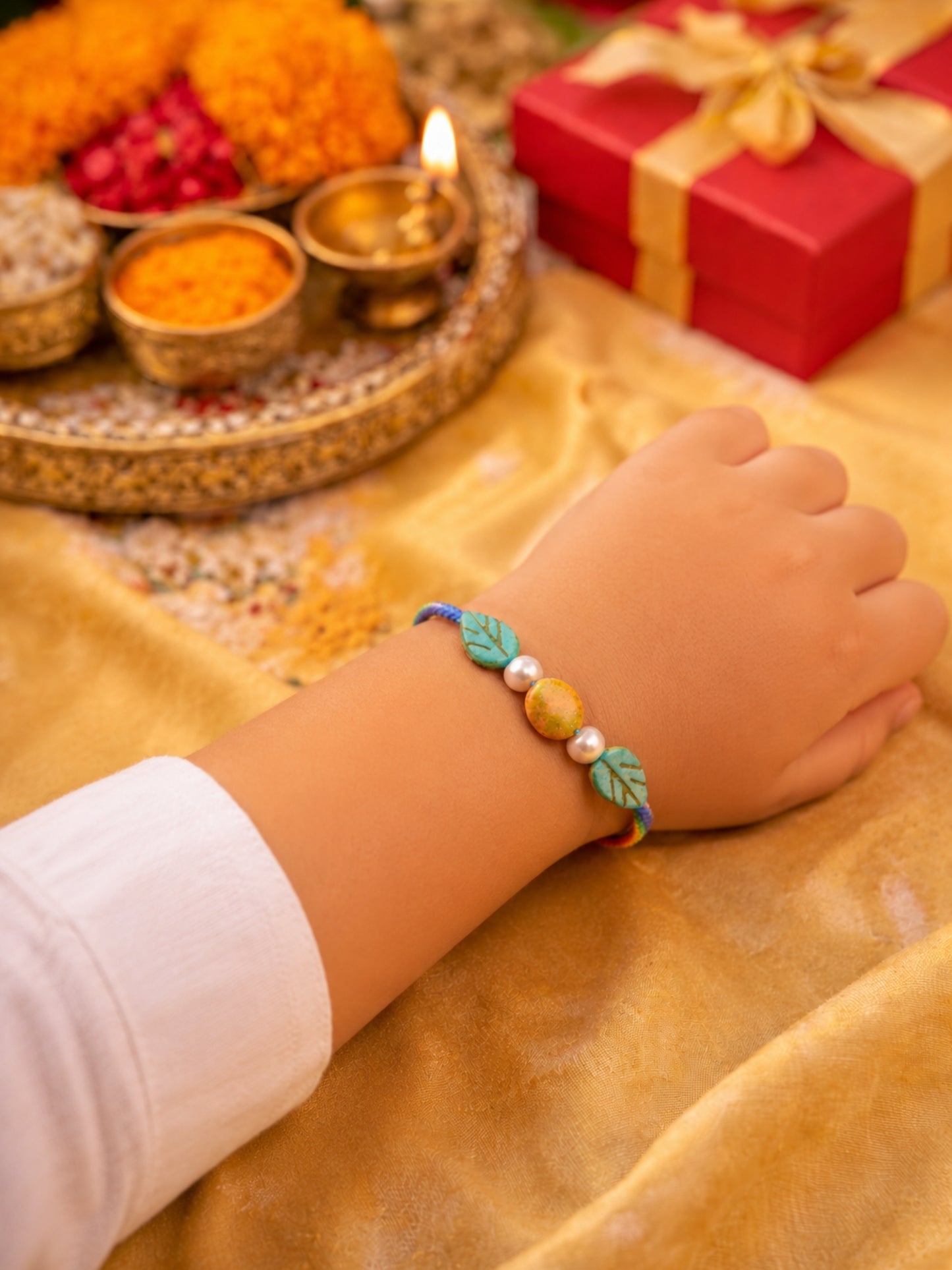 Leaf Stone Pearl Kids Rakhi Bracelet For Bhai Bhaiya Bro Gift