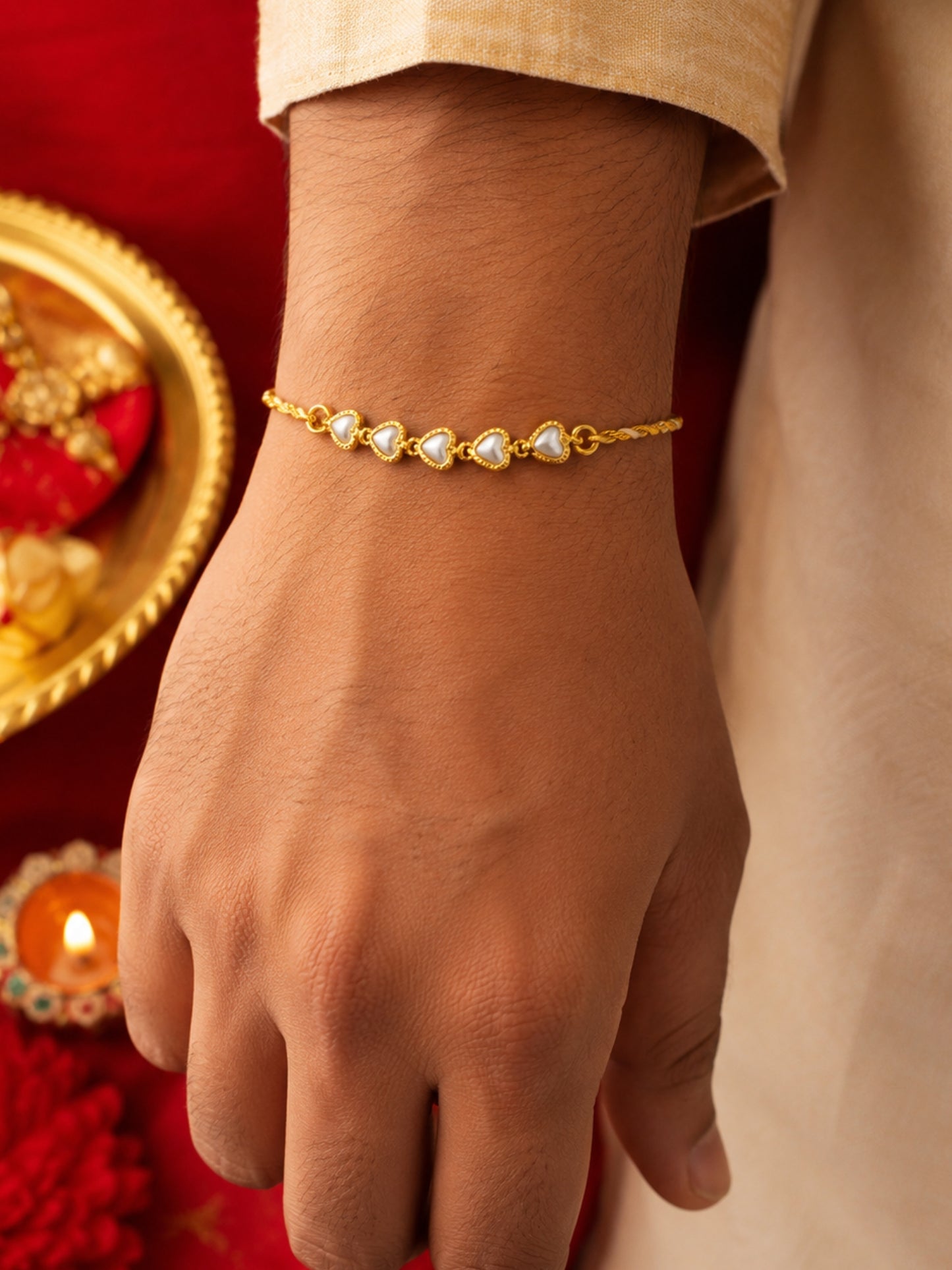 Gold-Plated Heart Pearl Bracelet Rakhi For Bhai Bhaiya Bro