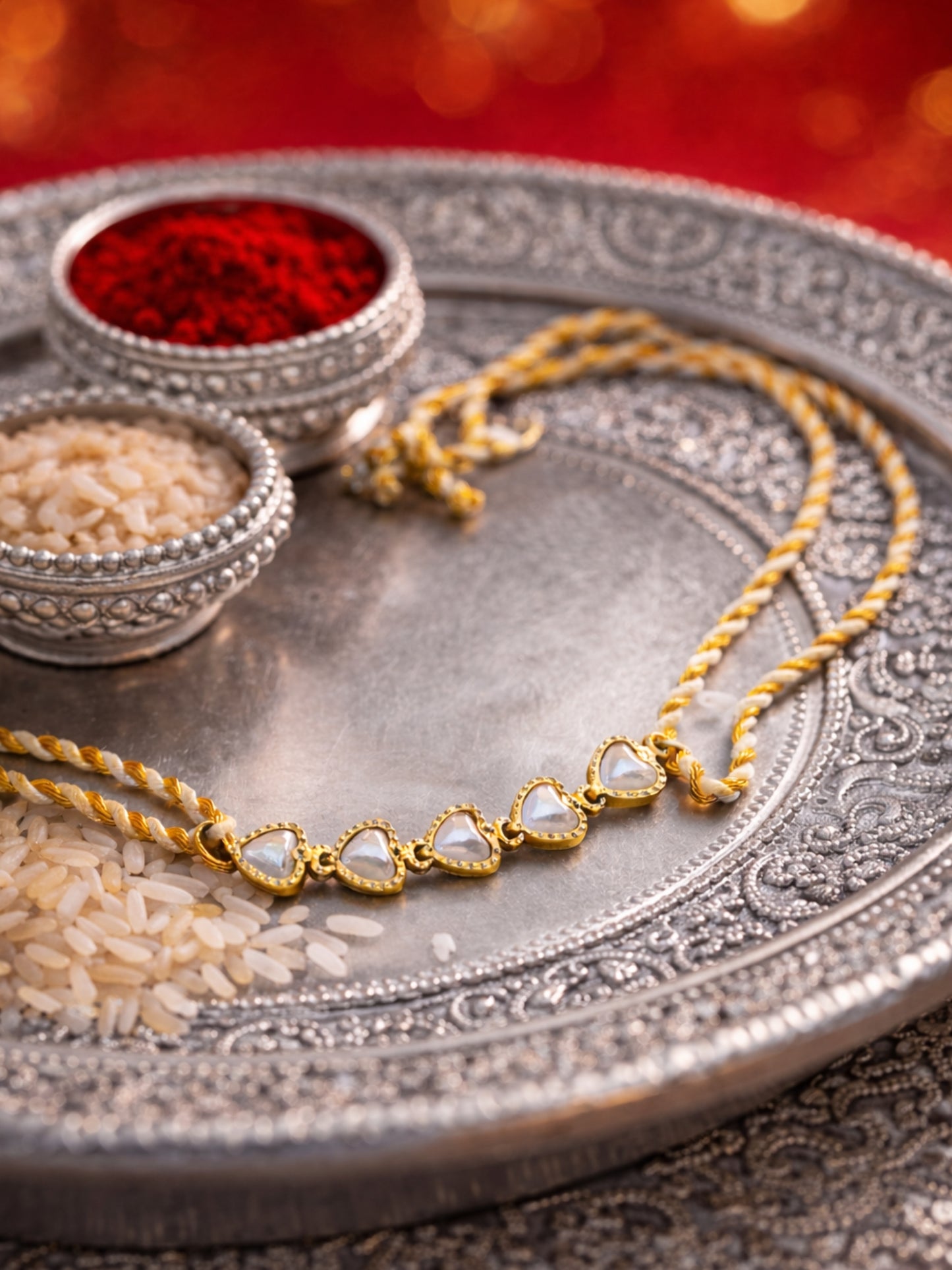 Gold-Plated Heart Pearl Bracelet Rakhi For Bhai Bhaiya Bro