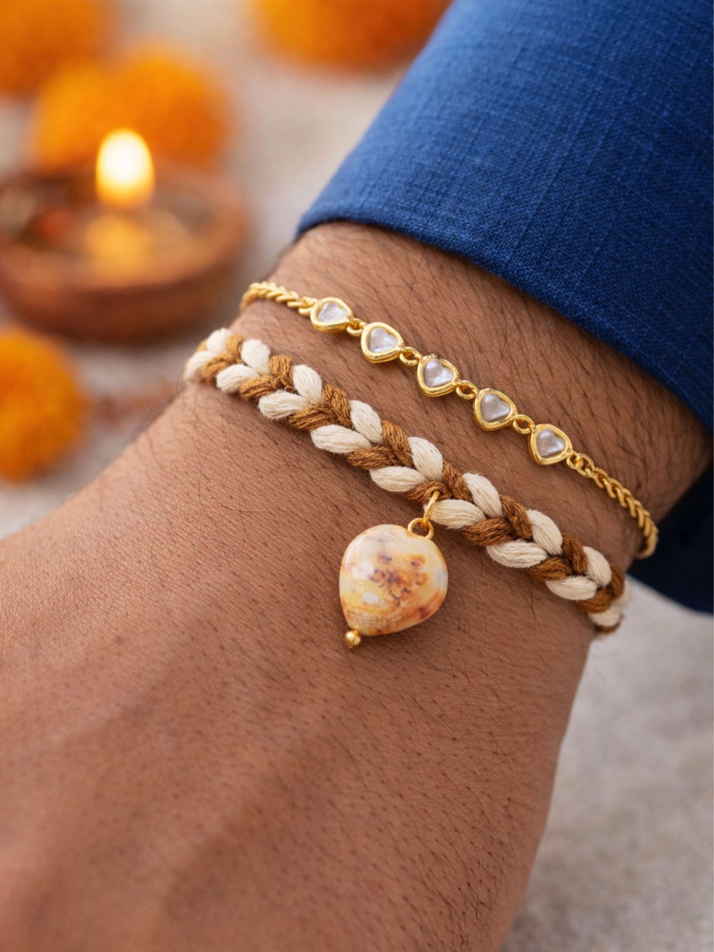 (Set of 2) Natural Stone Pearl Heart Bracelet For Bhaiya Bro
