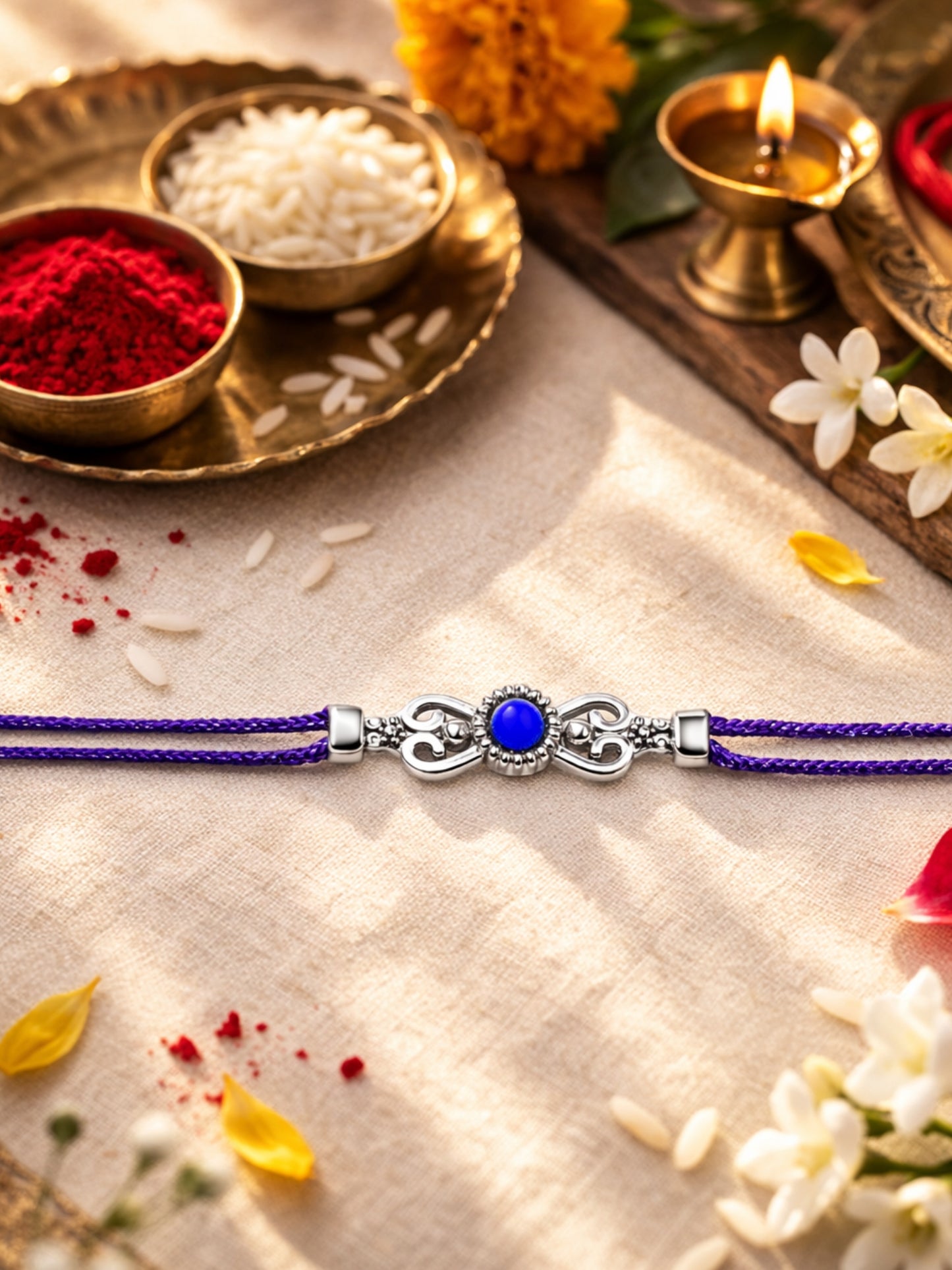 Silver Plated Blue Stone Bracelet Rakhi For Bhai