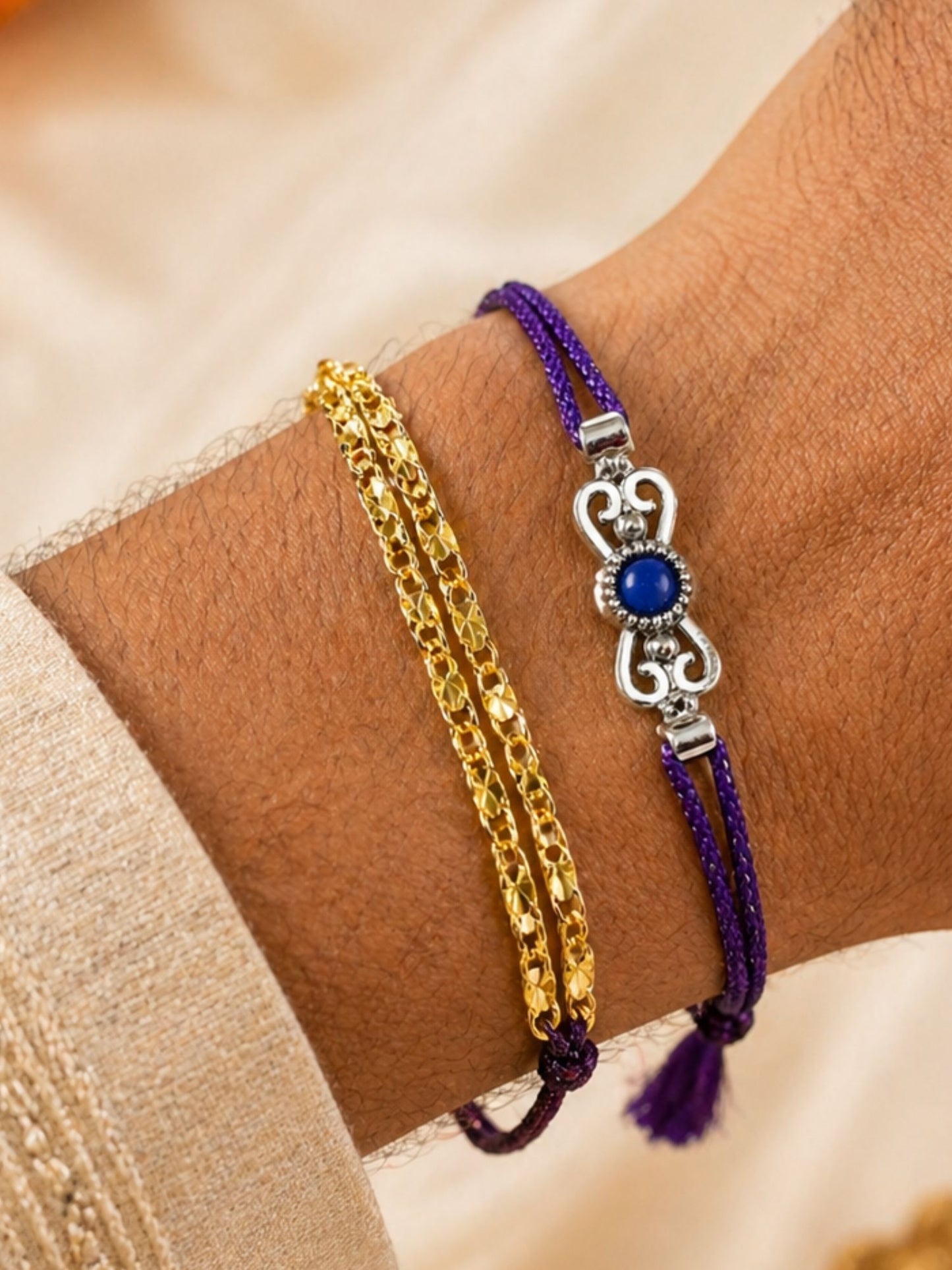(Set of 2) Blue Stone Double Chain Bracelet Rakhi For Bhai Bro