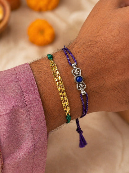(Set of 2) Blue Stone Double Chain Bracelet Rakhi For Bhai Bro