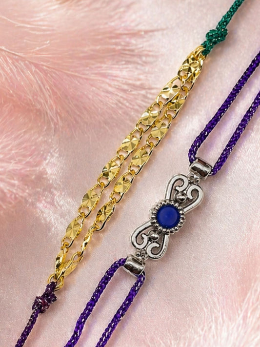 (Set of 2) Blue Stone Double Chain Bracelet Rakhi For Bhai Bro
