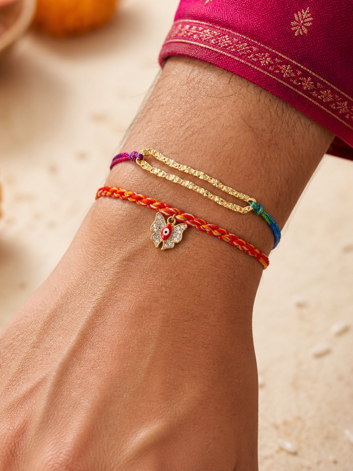 (Set of 2) Dual Chain AD Butterfly Evil Eye Bracelet Rakhi Bhai Bro