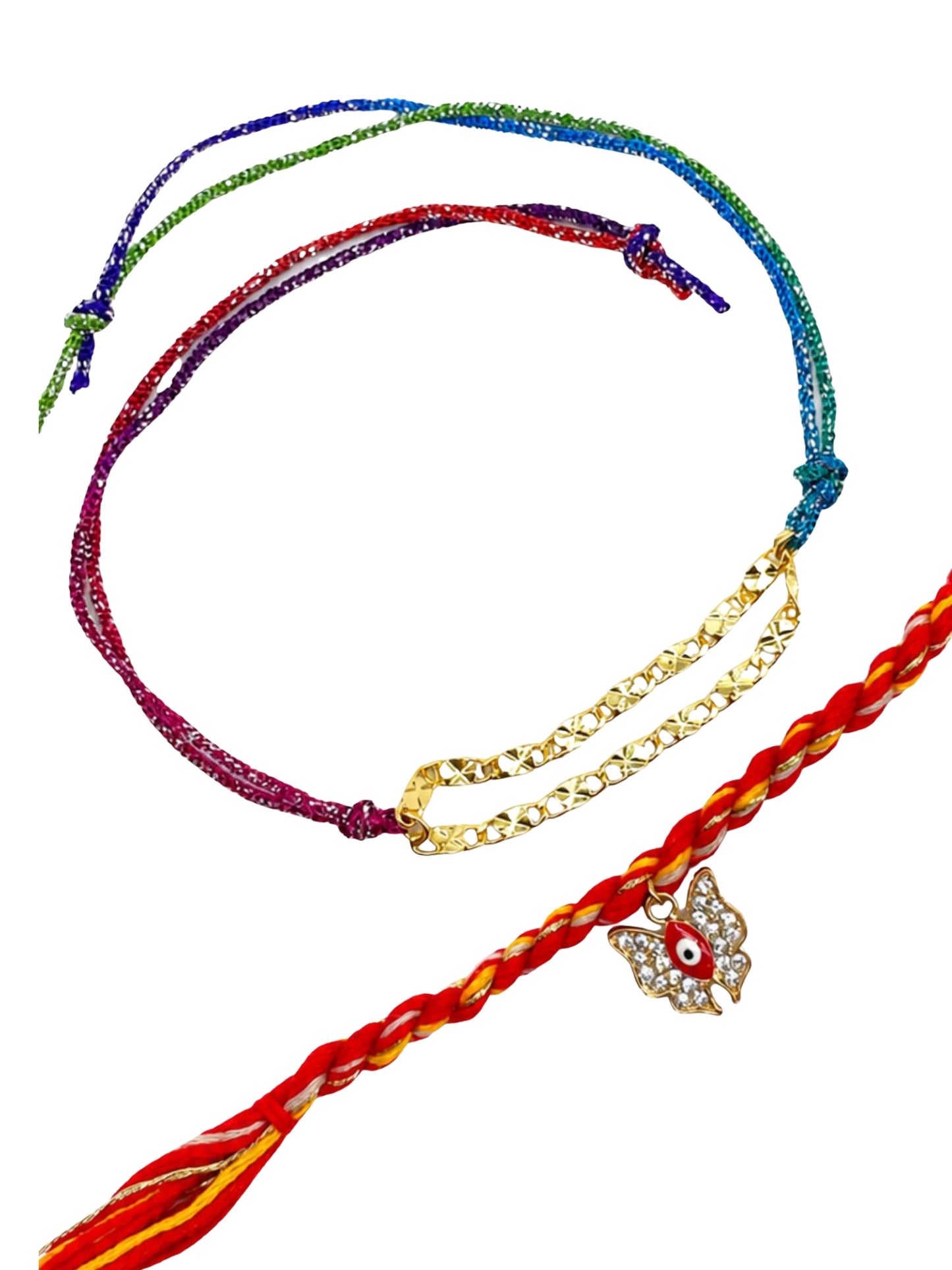 (Set of 2) Dual Chain AD Butterfly Evil Eye Bracelet Rakhi Bhai Bro