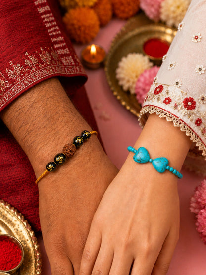 (Set of 2) Turquoise Heart Rudraksha Lumba Rakhi Bhaiya