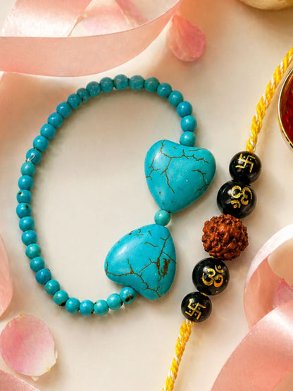 (Set of 2) Turquoise Heart Rudraksha Lumba Rakhi Bhaiya