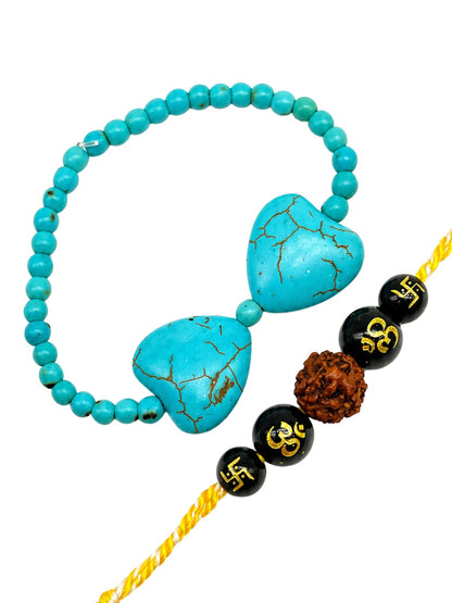 (Set of 2) Turquoise Heart Rudraksha Lumba Rakhi Bhaiya