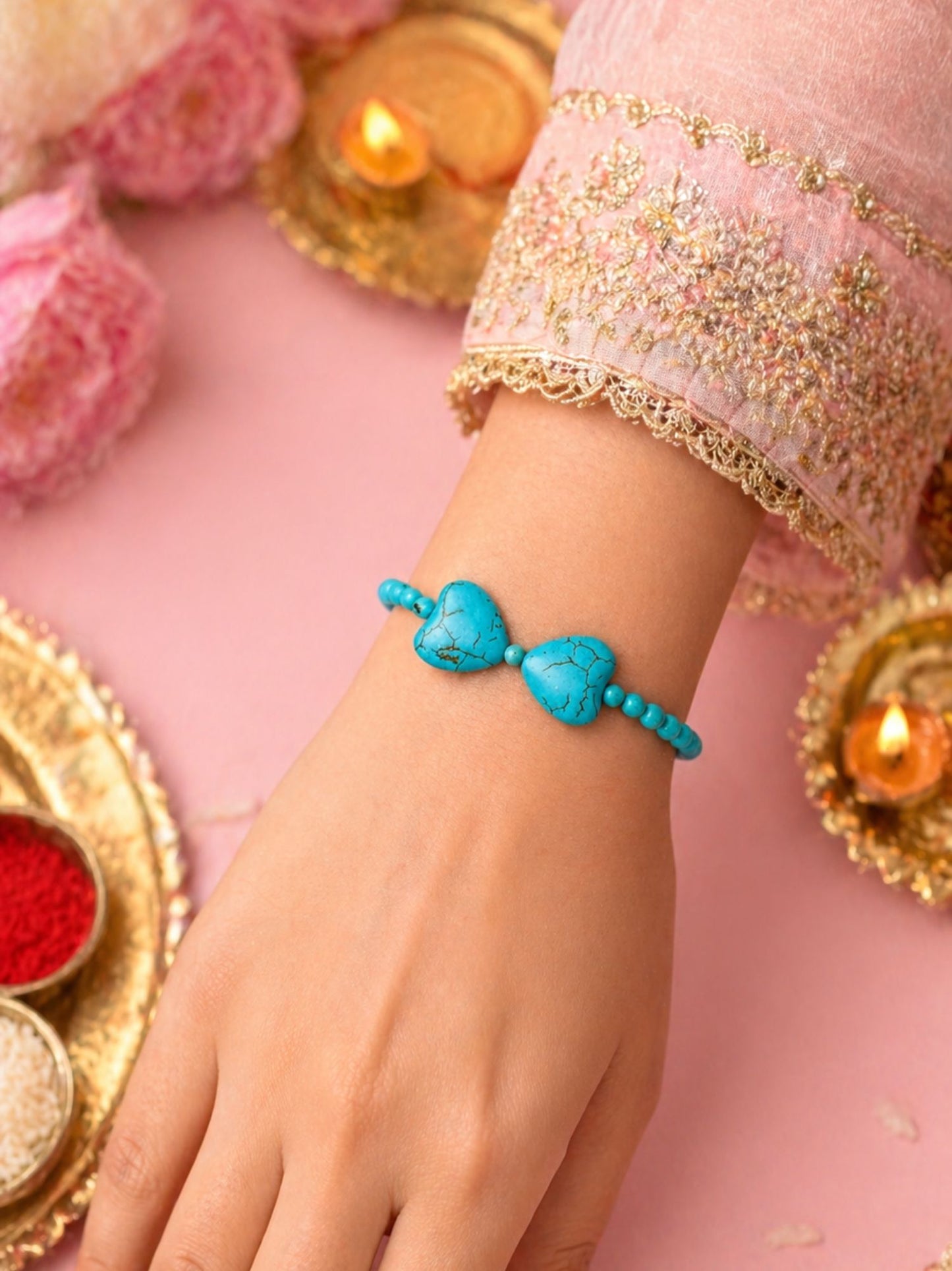 (Set of 2) Turquoise Heart Rudraksha Lumba Rakhi Bhaiya