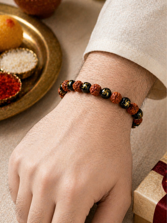 Rudraksha Swastik Beaded Bracelet Rakhi For Bhai Bhaiya Bro