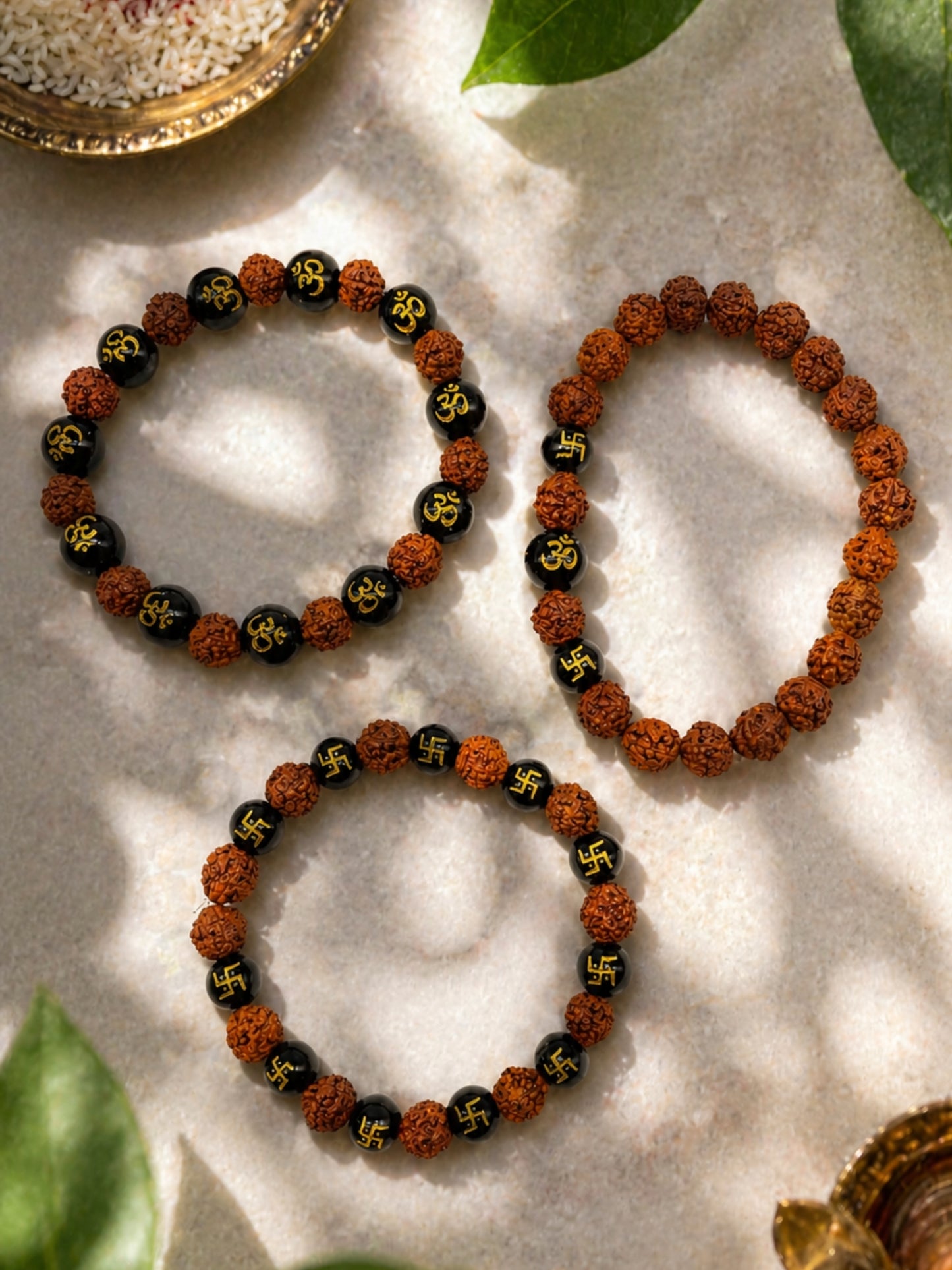 (Set of 3) Om Swastik Rudraksha Beaded Bracelet Rakhi Bro