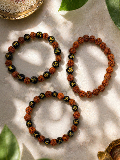 (Set of 3) Om Swastik Rudraksha Beaded Bracelet Rakhi Bro