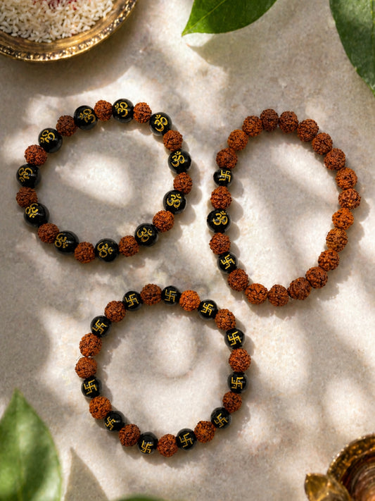 (Set of 3) Om Swastik Rudraksha Beaded Bracelet Rakhi Bro